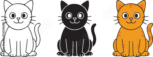 Set of handmade cat outline, silhouette, flat design isolated on white background. Vector illustration.