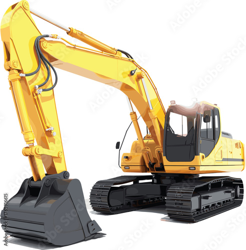 Yellow hydraulic excavator heavy construction machine isolated on white background, industrial equipment for digging, building and earthmoving projects