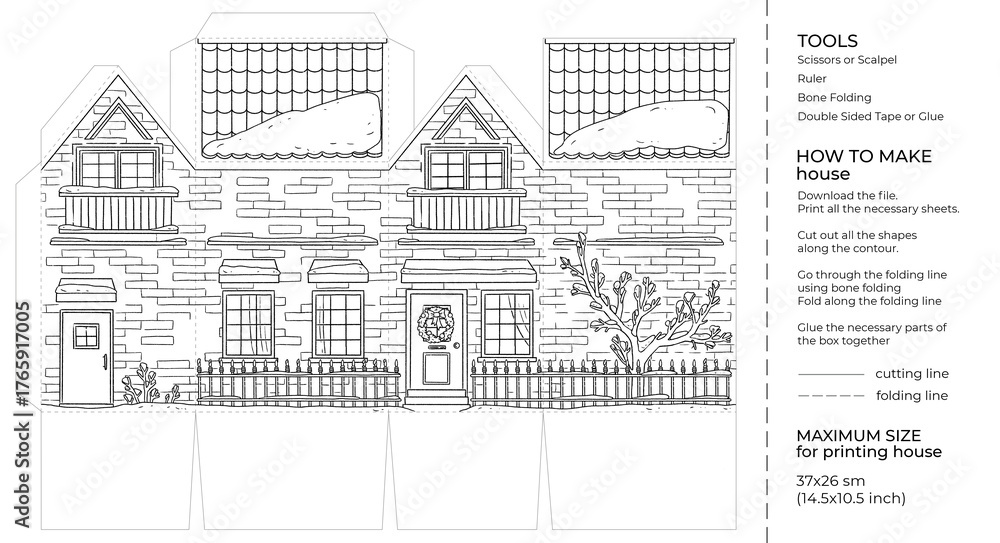 Fototapeta premium Winter Christmas Kids craft paper house. Cut and glue cartoon 3D toy doll house. Building paper craft model. Printable template