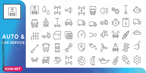 Comprehensive collection of auto and car service line icons, including symbols for vehicle maintenance, repair, diagnostics, transport, and car wash. Vector icon set