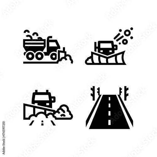 Snowplow clearing road icon set for winter maintenance and safety