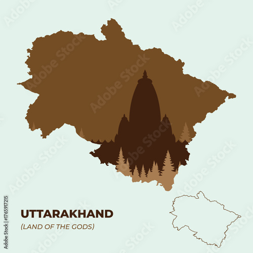 Minimal vector map of Uttarakhand with a temple and forest silhouette