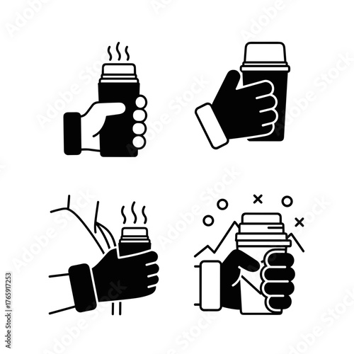 Thermos cup in gloved hand with steam, winter outdoor beverage warmth and insulation