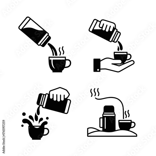 Thermos pouring drink icons with steam and cups, beverage serving and travel convenience