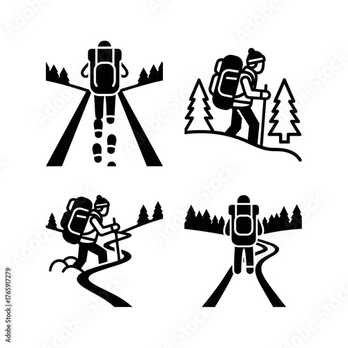 Backpacker trekking through snowy trail in winter forest, outdoor adventure and nature exploration