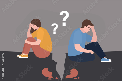 Broken heart, male and female characters. Break in relationship, crack, discord. Heartbreak, separation and emotional distress. Family conflict. Married man and woman angry,