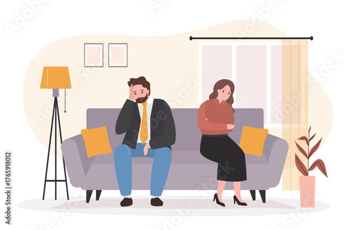 Male and female characters sitting on sofa in living room and not talking. Heartbreak, separation and emotional distress. Family conflict. Break up relationship.