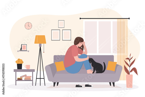 Modern living room with furniture. Female character sitting on sofa and crying. Depression concept. Young sad and tired woman. Mental health, psychological problems,