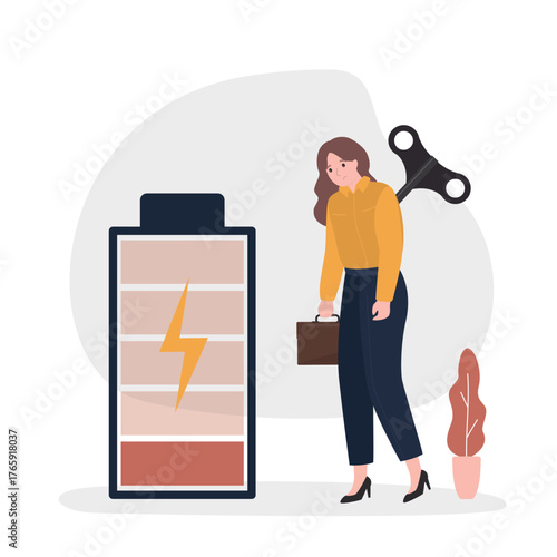 Tired female employee need recharge, low energy in empty battery. Force or wind-up key to stimulate or motivate tired people, Winding key to motivate business woman