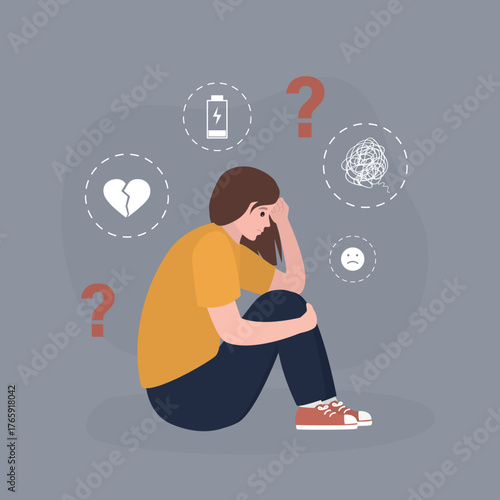 Unhappy female character sitting on floor. Bad mood, negative emotions. Depression concept. Young sad and tired woman with mental problems, psychological troubles,