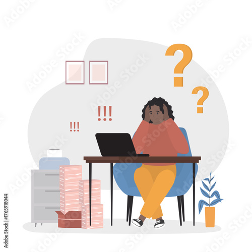 Sad, tired or exhausted woman at office. Stressful work, Stress at workplace. Busy businesswoman, project failure and workaholic. Lady with headache stress symptom