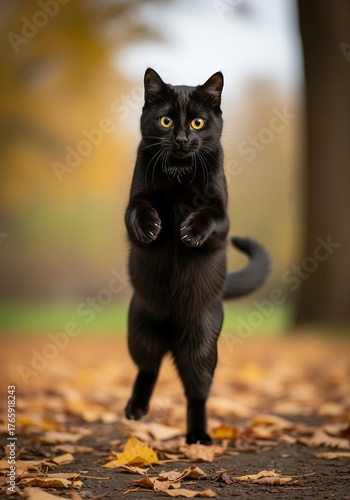 A charming black feline with expressive whiskers stands on hind legs amidst vibrant autumn leaves