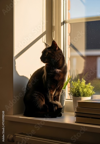 Whiskered dark cat enjoying the tranquil golden hour light by a cozy window, a peaceful domestic scene