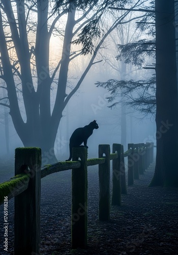 Enigmatic black cat perched on a weathered fence post, observing the silent, mist-shrouded forest at dawn