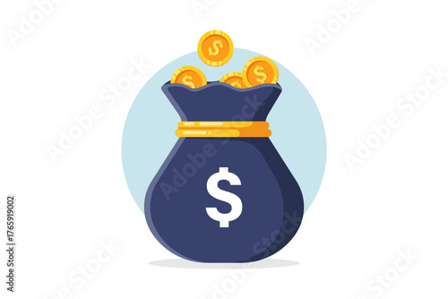 vector illustration of Money Bag With Coins Overflowing Symbolizing Wealth, Savings, and Financial Growth for Finance and Business Projects.