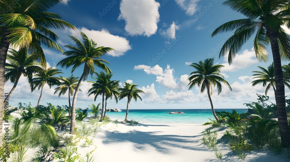 Obraz premium Lush Tropical Beach Scene Palm Trees White Sand Turquoise Ocean