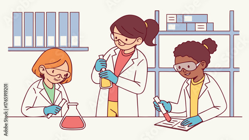 3D kids conducting chemistry project in classroom with goggles 