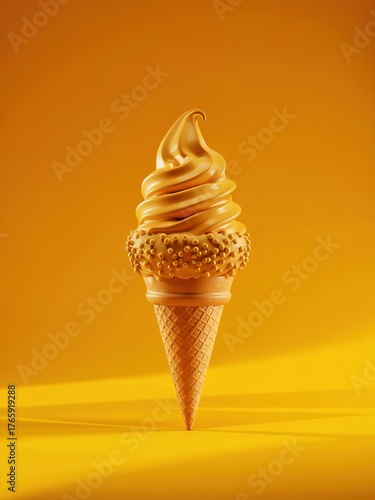 3D realistic ice cream cone with caramel swirl and golden sprinkles design