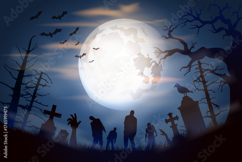Spooky Halloween graveyard with full moon zombies bats raven and dead trees in foggy night perfect for posters banners invites backgrounds and horror themes. Silhouette vector style.