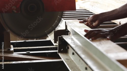 Carpenter cutting a wood plank with a band saw in a close up on the blade
