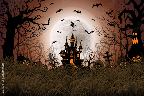 Spooky Halloween background with haunted castle full moon flying witch bats dark forest pumpkins graveyard and tall grass perfect for party poster invite and web banners vector silhouette illustration