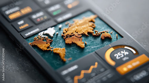 A digital device displaying a 3D world map with various statistics, emphasizing global data analysis and connectivity.