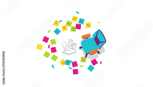 Top view of desk chaos with brightly colored office chair, scattered sticky notes, and crumpled paper.