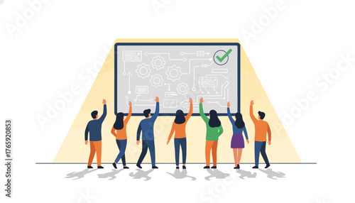 Team Celebrating Project Success with Technical Workflow Diagram and Checkmark