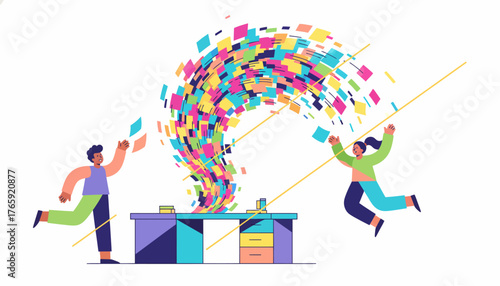 Creative Brainstorming Idea Explosion with People and Swirling Sticky Notes