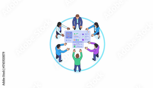 Isometric Team Meeting Analyzing Data Dashboard