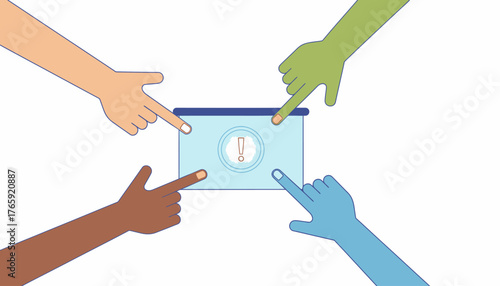 Diverse Hands Pointing at a Critical Error Alert Screen
