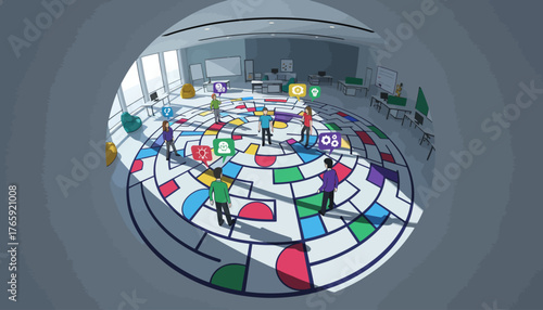 Business Team Collaboration on a Gamified Strategy Maze in a Modern Office