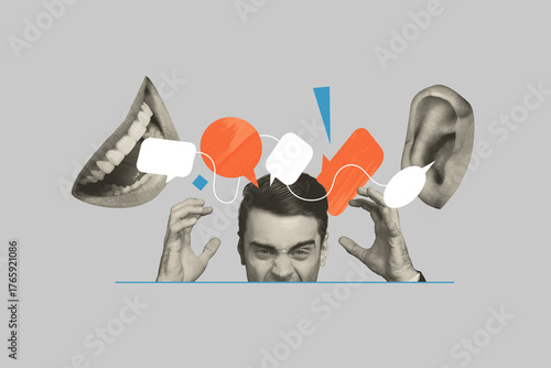 Tableau sur toile Template sketch trend artwork 3D photo collage of mouth talk speech bubble chat