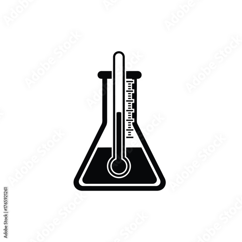 Black and white laboratory flask with thermometer icon
