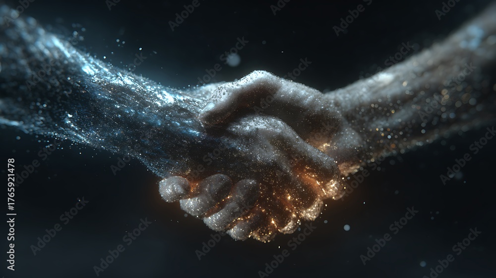 Fototapeta premium Textured Particle Handshake with Blue and Gold Sparkles particles connection Photo