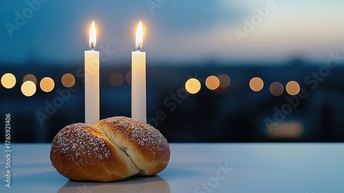 Two tall candles illuminate a table set with challah bread and an open book, creating a tranquil atmosphere for Shabbat observance