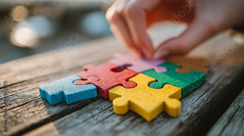 A person's hand placing a piece in a colorful jigsaw puzzle on a wooden table, symbolizing problem solving and creativity.