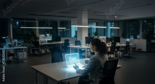 Oficina donde una mujer utiliza un computador de escritorio generado 100% por tecnología de holograma