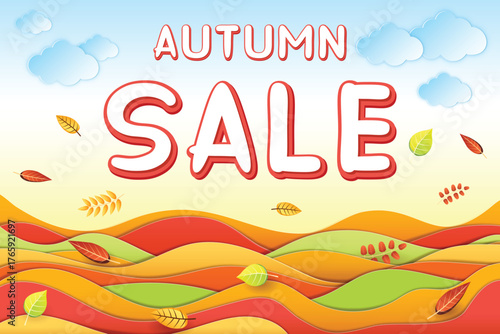 Autumn sale banner in paper craft style featuring Autumn sale inscription, clouds, bright autumn landscape with colorful hills and leaves. Vector EPS illustration, 3D, layered, easy to edit