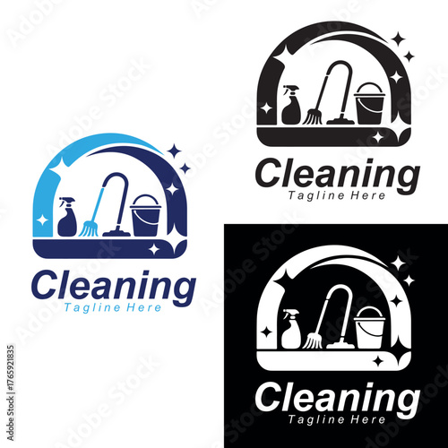 Cleaning Equipment Logo Design – Mop, Bucket, and Vacuum Vector Icon
