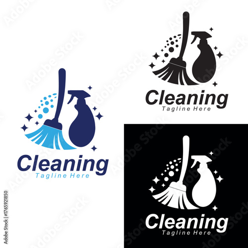 Professional Cleaning Service Logo Design – Mop, Spray Bottle, and Sparkle Icon for Housekeeping Brand