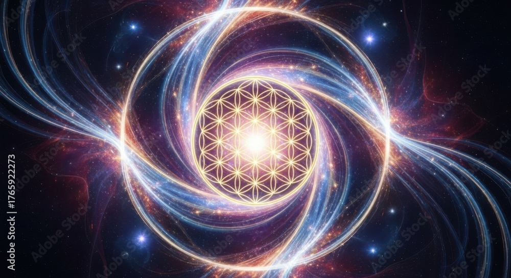 Fototapeta premium Cosmic flower of life illustration with swirling galaxy background