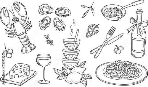 Line drawing of a delicious feast featuring lobster, oysters, pasta, wine, and cheese