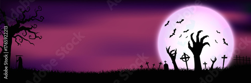 Spooky graveyard at night with rising zombie hands, full moon, bats, and a grim reaper under a purple sky. Perfect for Halloween banners and invites. Style vector illustration.