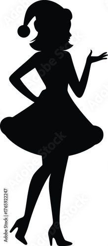Silhouette of smiling woman with santa hat presents something with her hand with transparent background