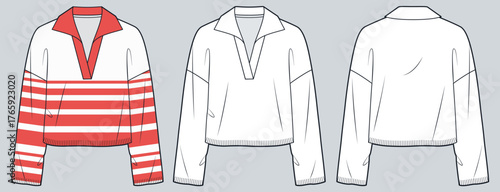 Striped Long Sleeve Polo Sweatshirt Fashion Flat Sketch. Crop Sweater fashion flat technical drawing template, relaxed fit, front and back view, white, red, women, men, unisex CAD mockup.