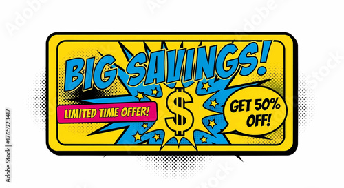 Vibrant sale banner and discount coupon with big savings text in a pop art comic style vector illustration
