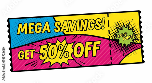 Vibrant sale banner and discount coupon design in a pop art comic style, a creative vector illustration