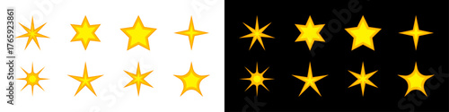 Golden Star Sparkle and Twinkle Vector Set - Glowing Shine Effect Collection for Rating, Magic, and Decoration on Black and White