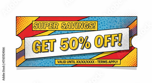 Vibrant pop art sale banner and discount coupon design. A half-price offer in a retro comic style vector illustration